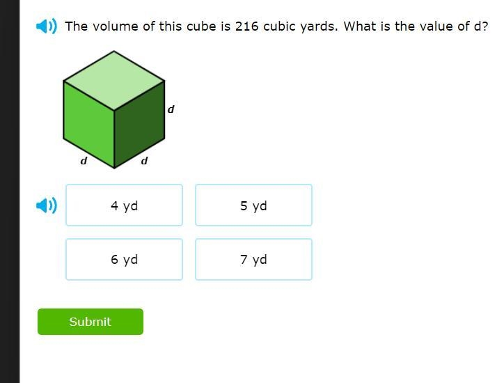 He volume of this cube is 216 cubic yards. What is the value of d?-example-1