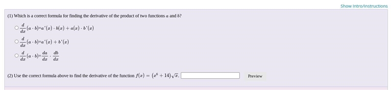 (1) Which is a correct formula for finding the derivative of the product of two functions-example-1