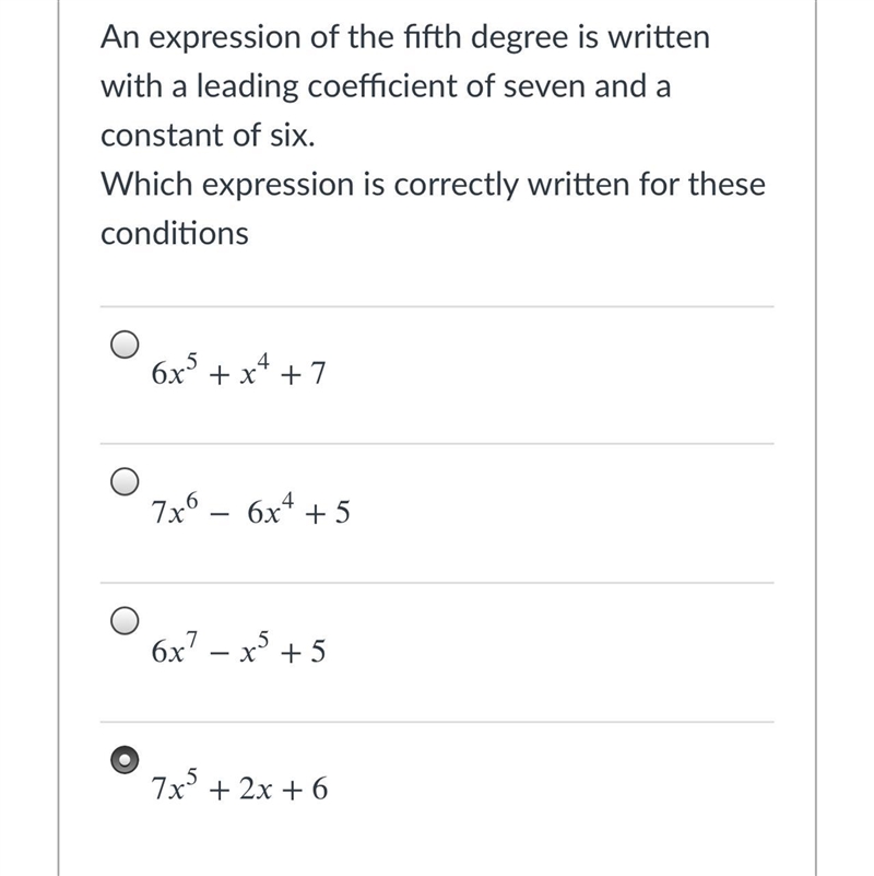 An expression of the fifth degree is written with a leading coefficient of seven and-example-1