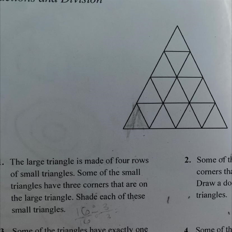 The large triangle is made of four rows of small triangles. Some of the small triangles-example-1