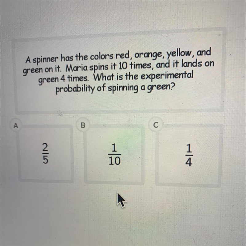 A spinner has the colors red, orange, yellow, andgreen on it. Maria spins it 10 times-example-1