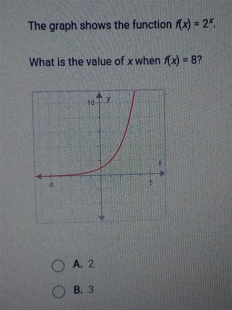 PLEASE HELP ASAP!!!The graph shows the function f(x) = 2XWhat is the value of x when-example-1