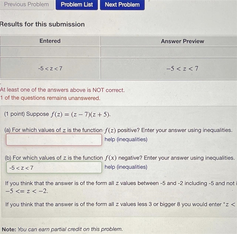 For which values of z in the function f(z) positive? F(z) = (z-7)(z+5)-example-1