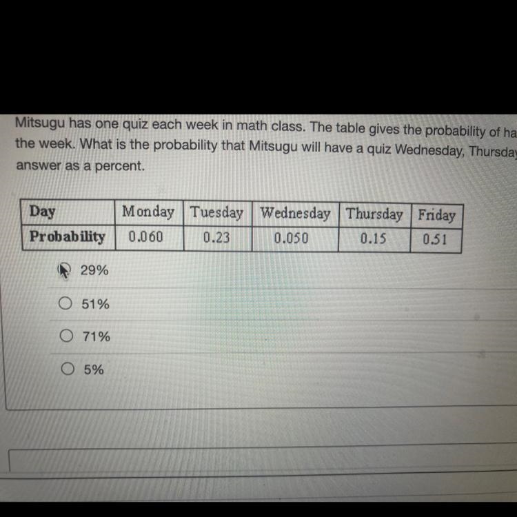 Mitsugu has one quiz each week in math class. The table gives the probability of having-example-1