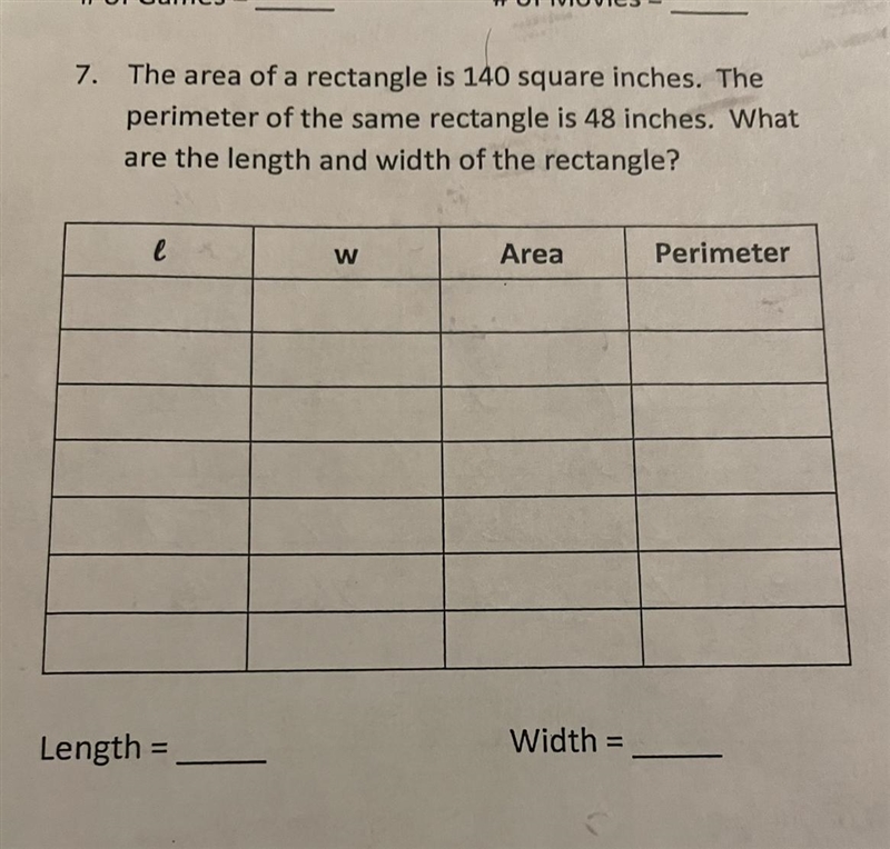 PLEASEE HELPPP!!!! The area of a rectangle is 140 square inches. The perimeter of-example-1