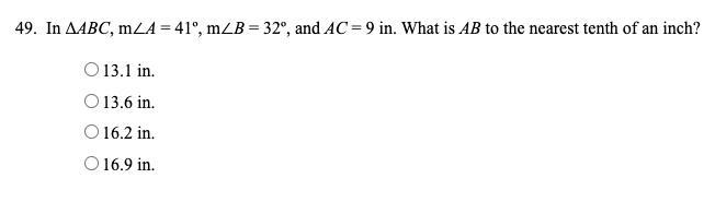 In triangle ABC, m angle A = 41 degrees, m angle B = 32 degrees, and AC = 9 in. What-example-1