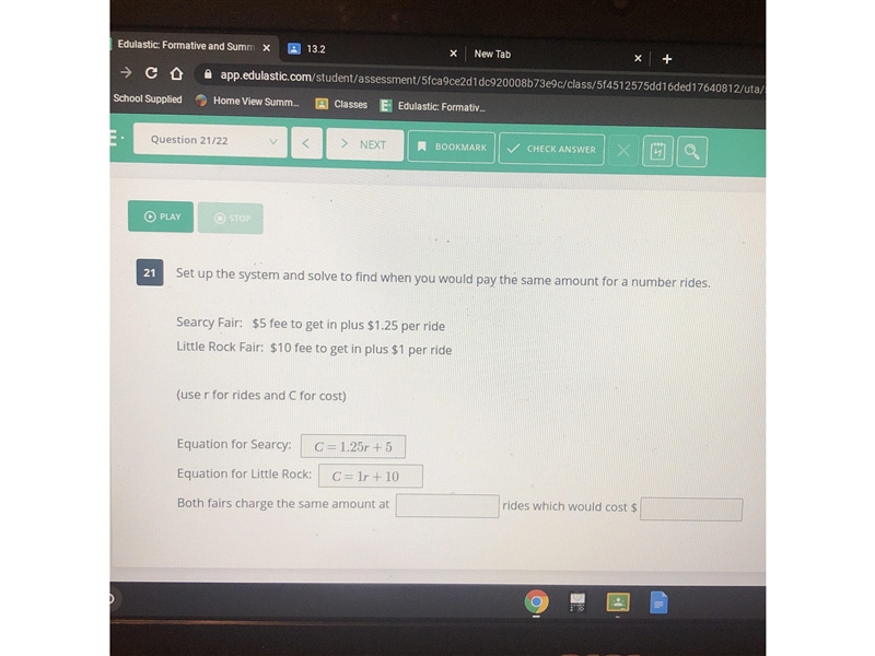 Equation for Searcy:C= 1.25 +5Equation for Little Rock:C= lr + 10Both fairs charge-example-1