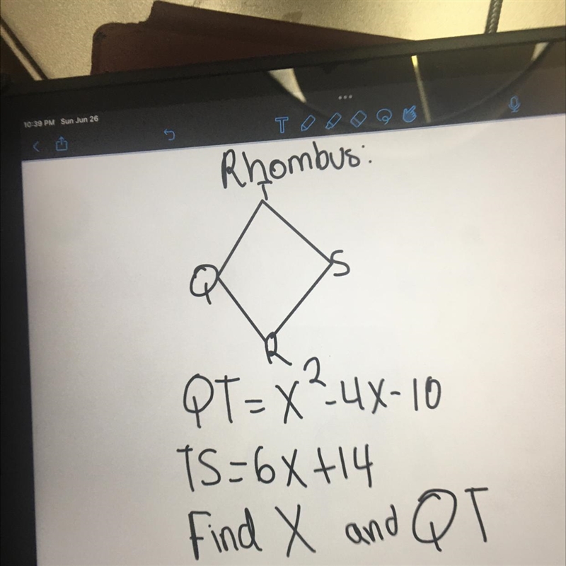 Find X and QT. The shape is a Rhombus-example-1