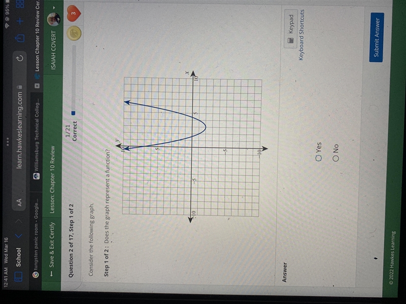 Consider the following graph.Step 1 of 2: Does the graph represent a function?A103sAnswerKeypadKeyboard-example-1