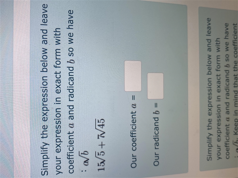 Simplify the expression below and leave your expression in exact form with coefficient-example-1
