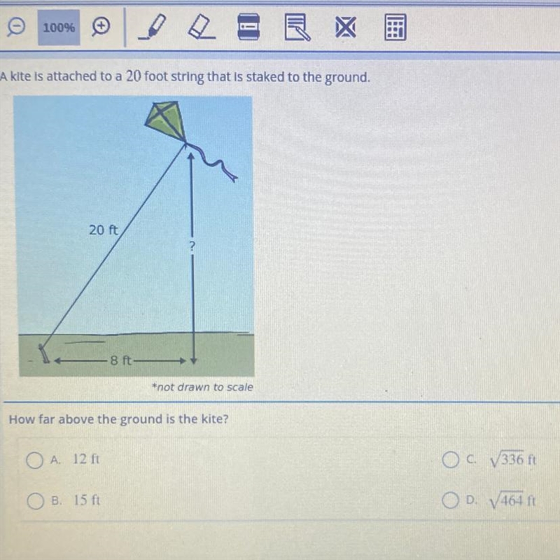 A kite is attached to a 20 foot string that is staked to the ground. 20 ft ? .8 ft-example-1