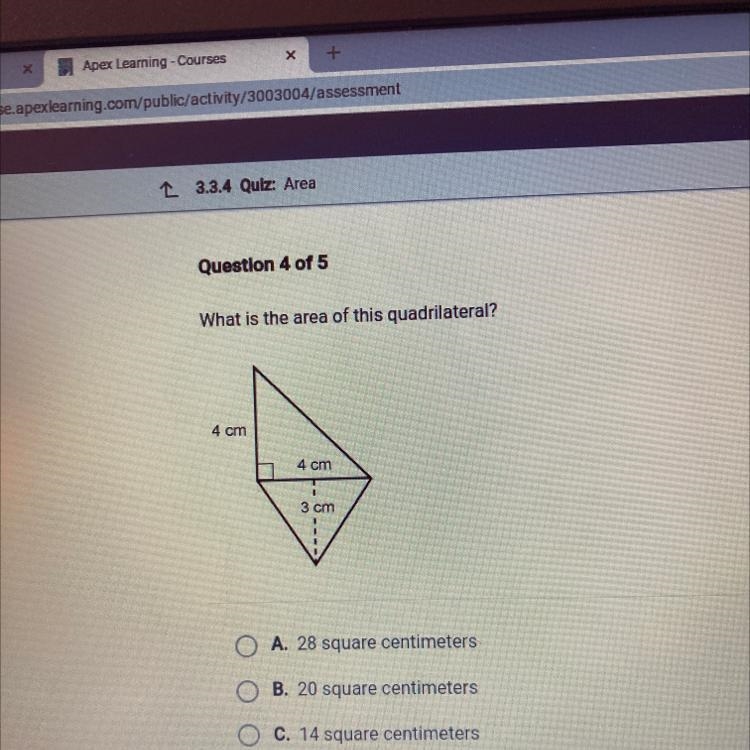 What is the area of this quadrilateral? 4 cm 4 cm 1 3 cm-example-1