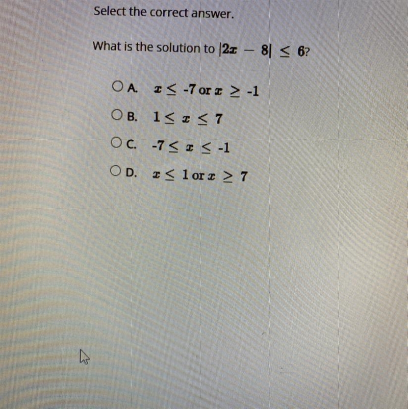 Plato please help What is the solution to ∣2⁢x−8∣≤6 ?-example-1