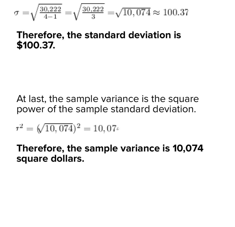 For the standard deviation how do you transfer 10,074 to 100.37 For the sample variance-example-1