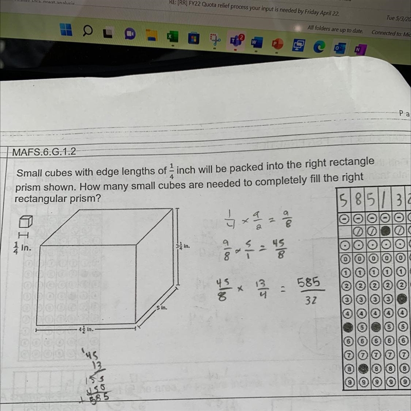 Small cubes with edge lengths of inch will be packed into the right rectangleprism-example-1