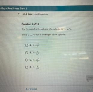 The formula for the volume of a cylinder is vrhSolve v - for h, the height of the-example-1