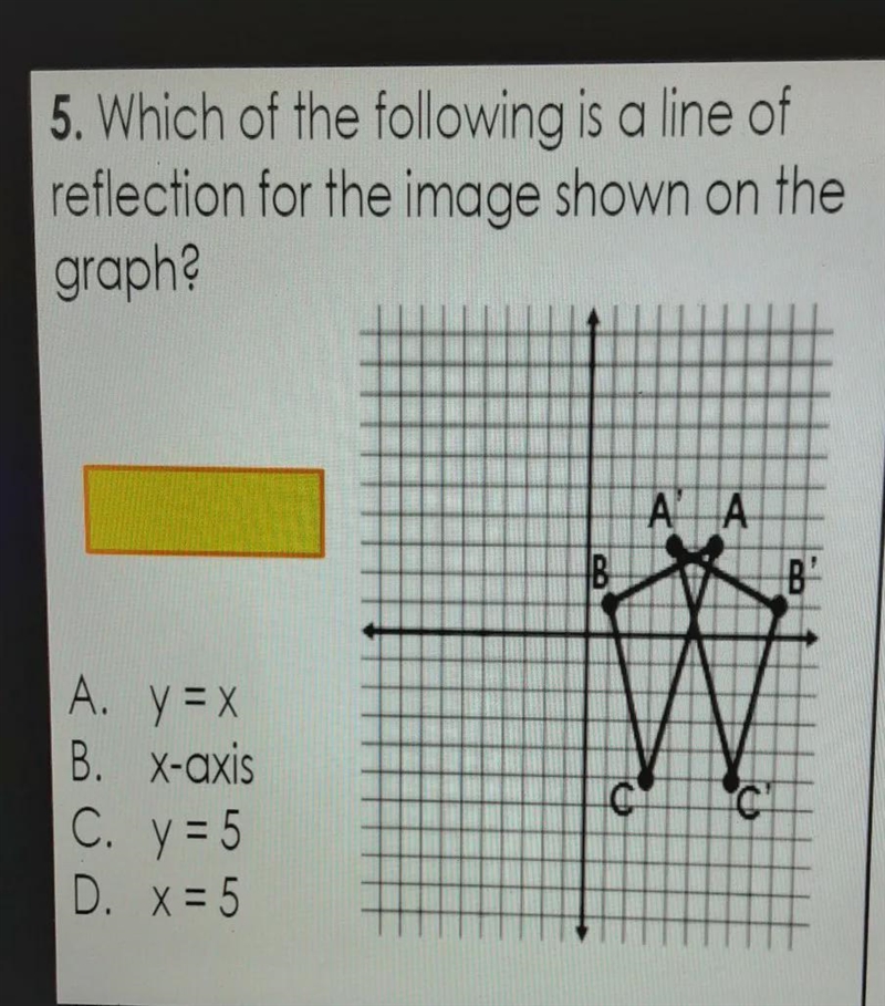 Which of the following is a line of reflection for the image shown on the graph?-example-1