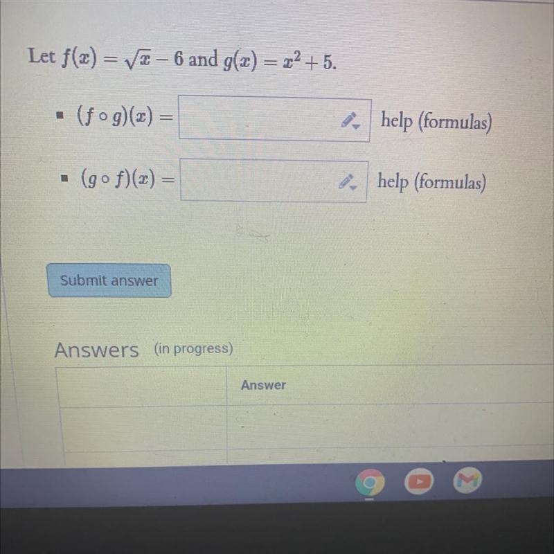 Let f(x) = v= -6 and g(x) = 22 +5.(fog)(x) =m(gof)(x) =-example-1