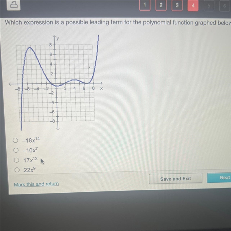 Which expression is a possible leading term for the polynomial function graphed below-example-1