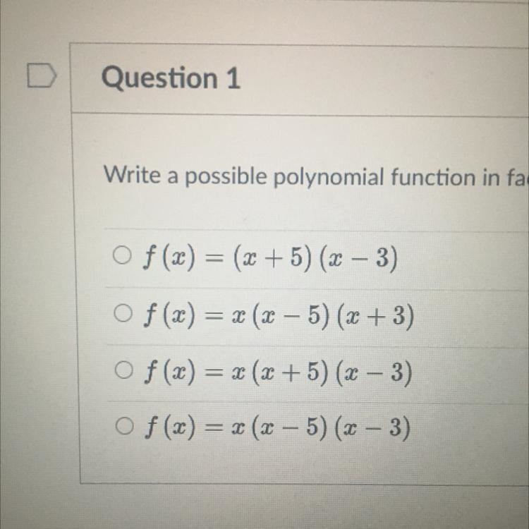 Write a possible polynomial function in factored form with roots 0, -5, and 3.-example-1