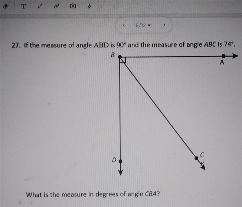 if the measure of angle ABD is 90 and the measure of angle ABC Is 74". What is-example-1