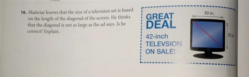 16. Shahriar knows that the size of a television set is based on the length of the-example-1