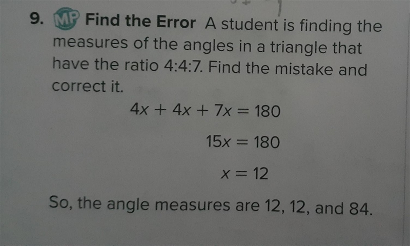 Find the Error: A student is finding the measures of the angles in a triangle that-example-1