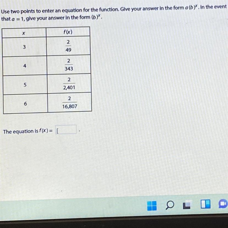 Use two points to enter an equation for the function. Give your answer in the form-example-1