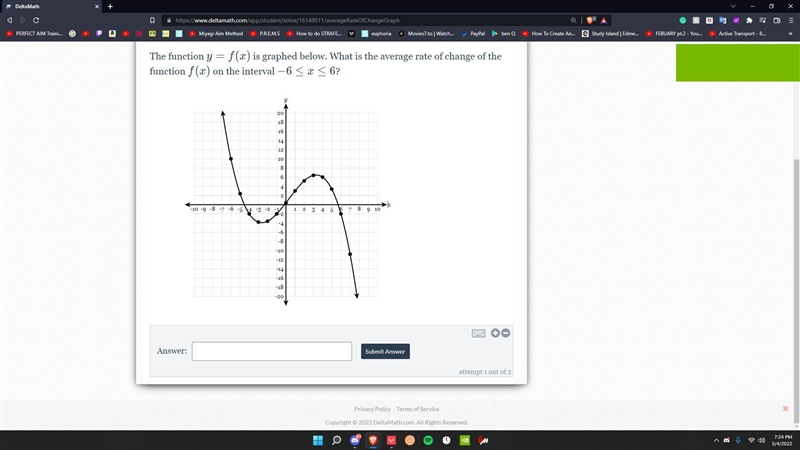 The function y=f(x) is graphed below. What is the average rate of change of the function-example-1