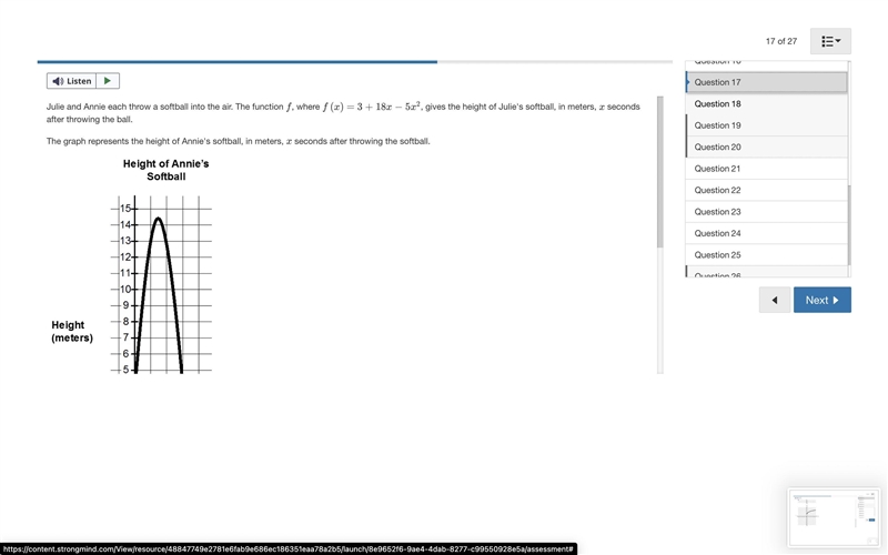 julie and Annie each throw a softball into the air. The function f, where f(x)=3+18x-example-1