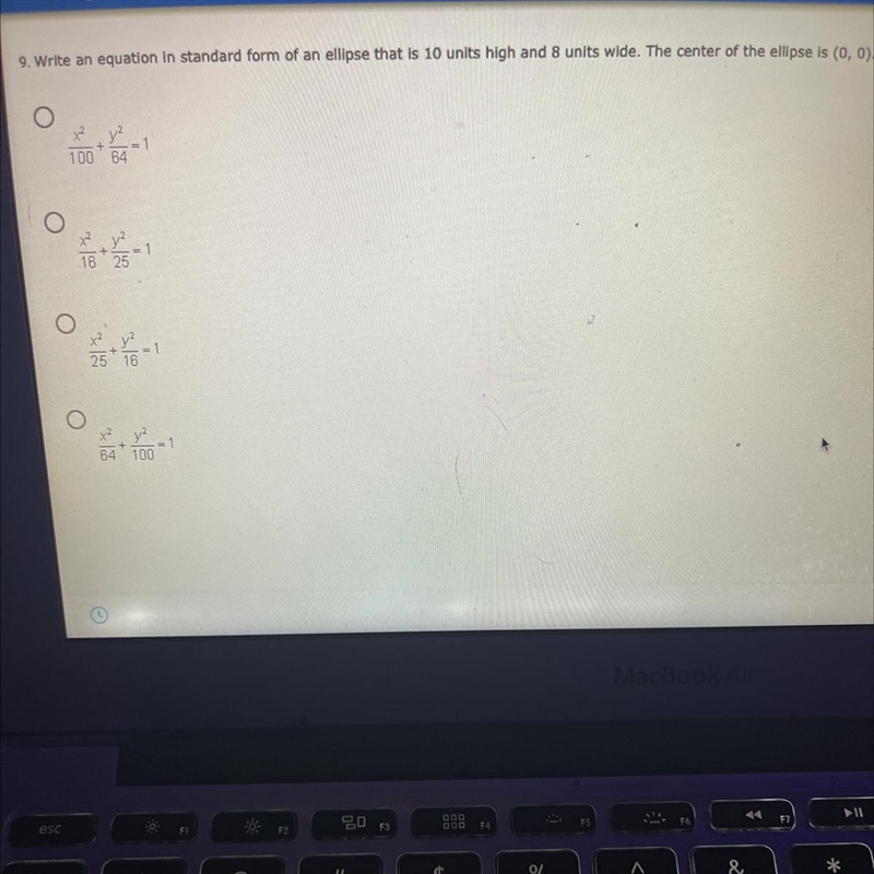 9. Write an equation in standard form of an ellipse that is 10 units high and 8 units-example-1