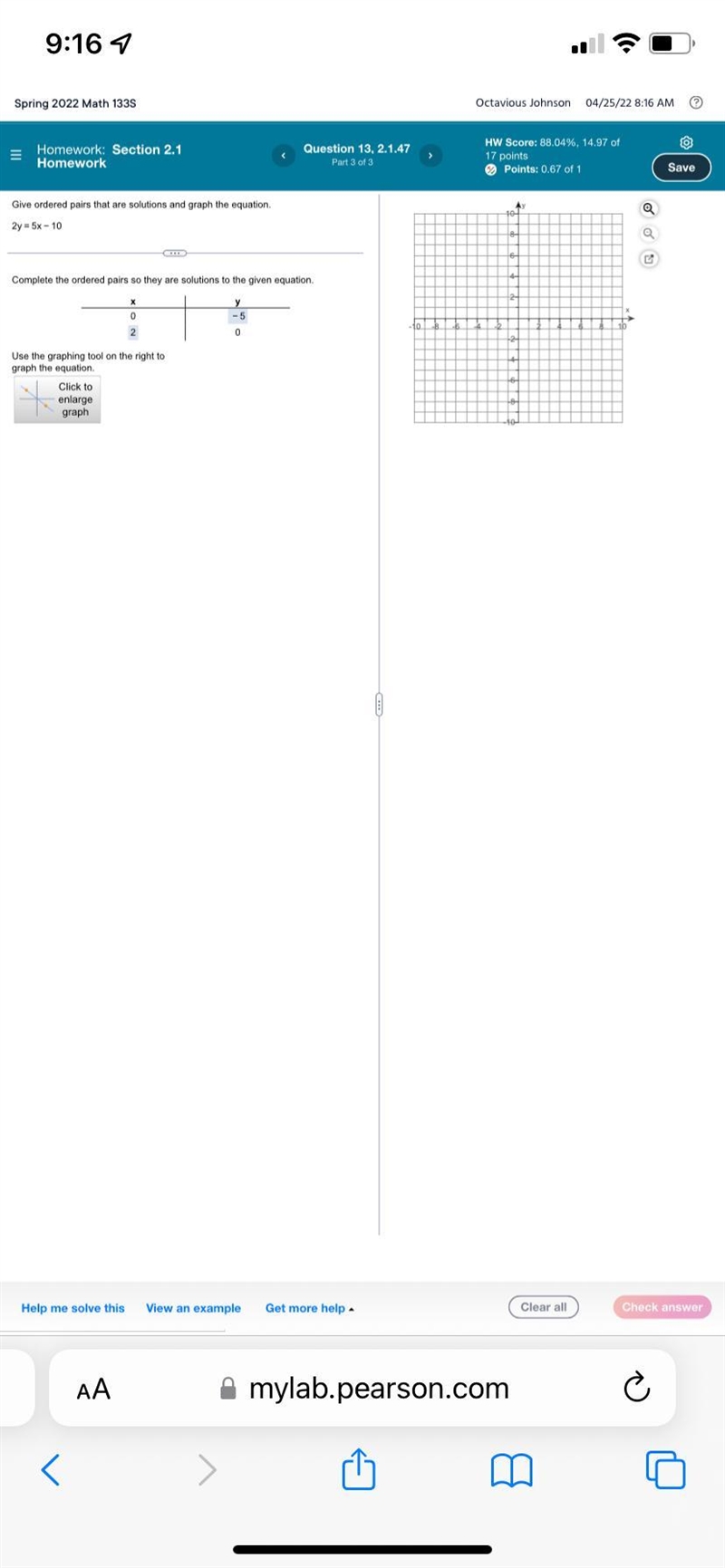 Give ordered pairs that are solutions and graph the equation.2y = 5x – 10Complete-example-3