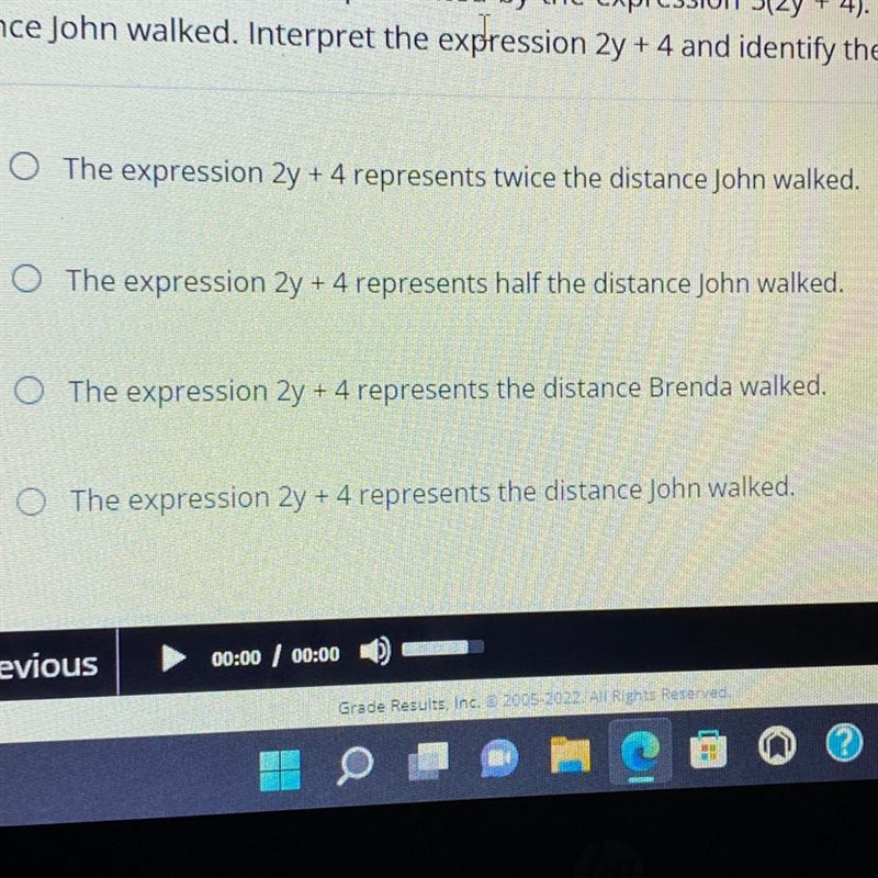 Brenda walked a distance represented by the expression 5(2y + 4). It is 5 times the-example-1