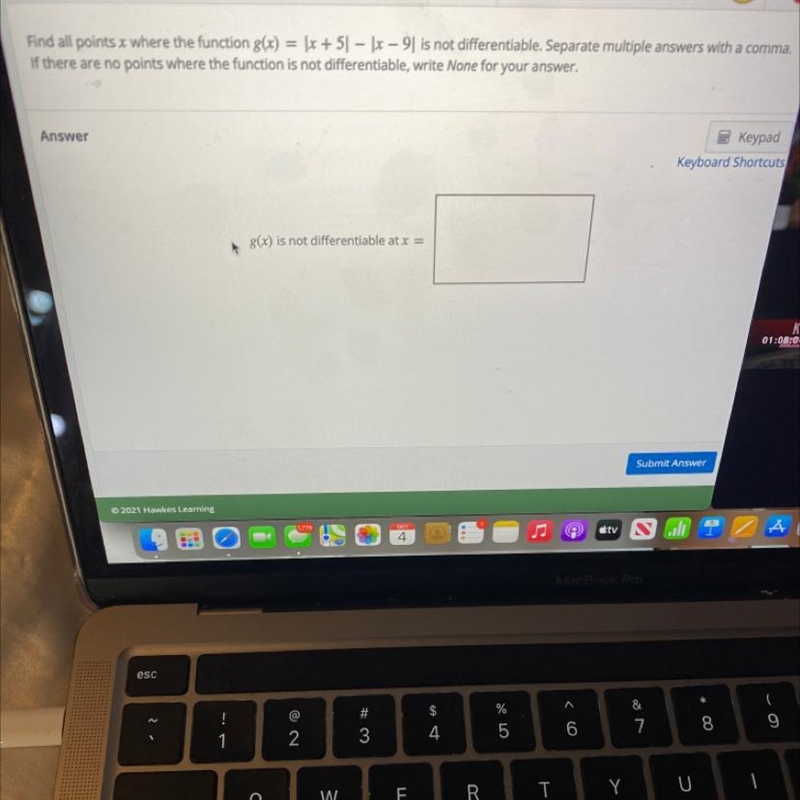 Help pleasefind all points (x) where the function g(x)= |x+5| - |x-9| is not differentiable-example-1