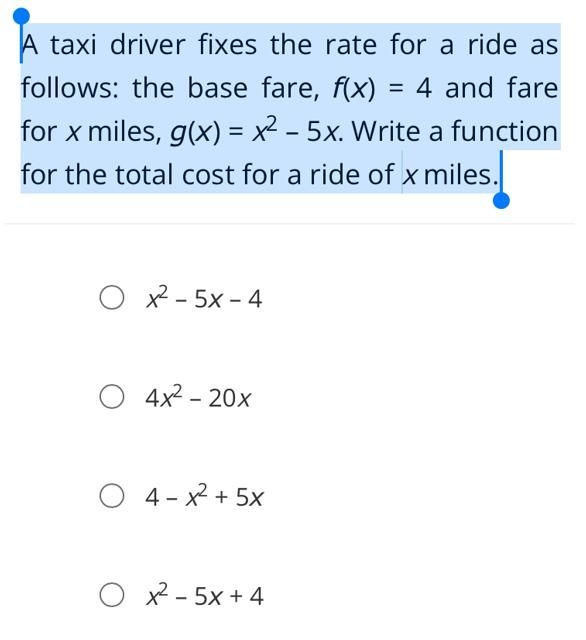 A taxi driver fixes the rate for a ride as follows: the base fare, f(x) = 4 and fare-example-1