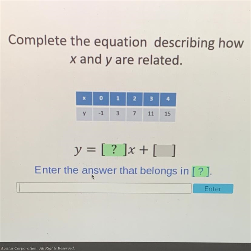 Complete the equation describing howx and y are related.хo1234у-1371115y = [ ? ]x-example-1