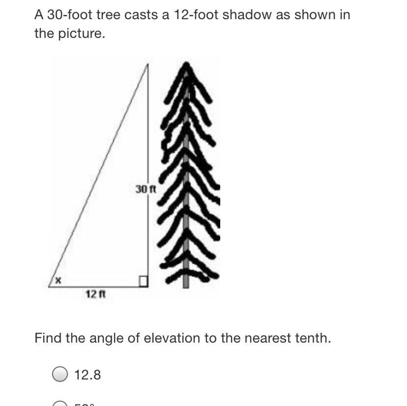 A 30-foot tree casts a 12-foot shadow as shown inthe picture.30 ftx12Find the angle-example-1