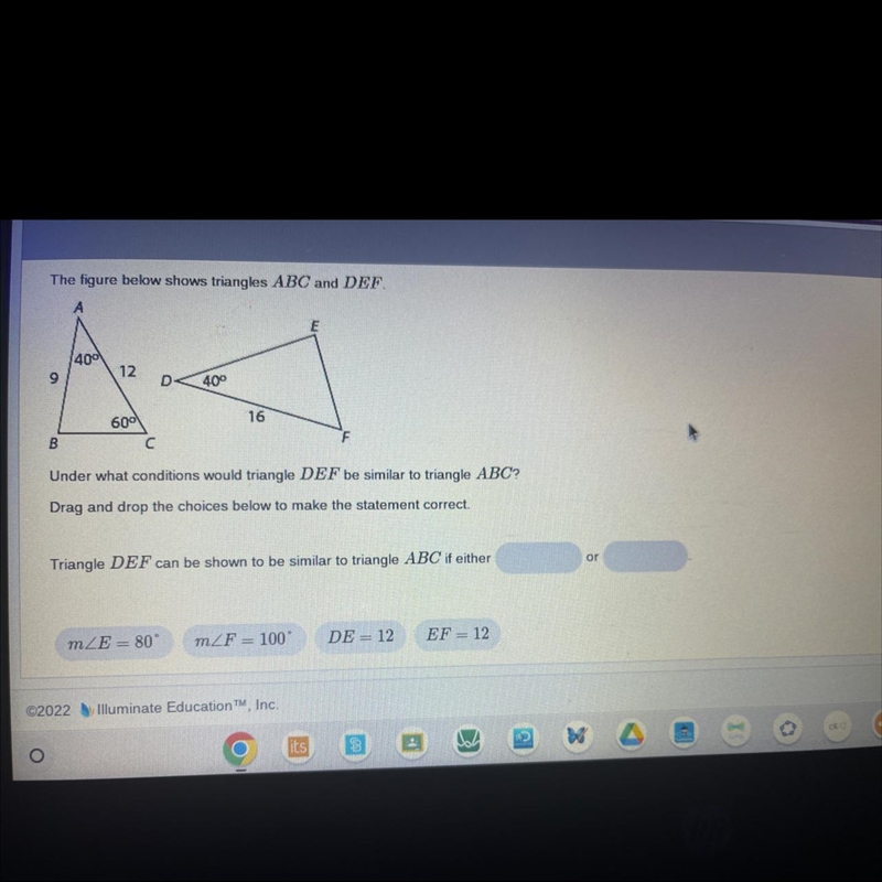 ￼PLEASE HELP Under what conditions would triangle DEF be similar to triangle ABC? Drag-example-1