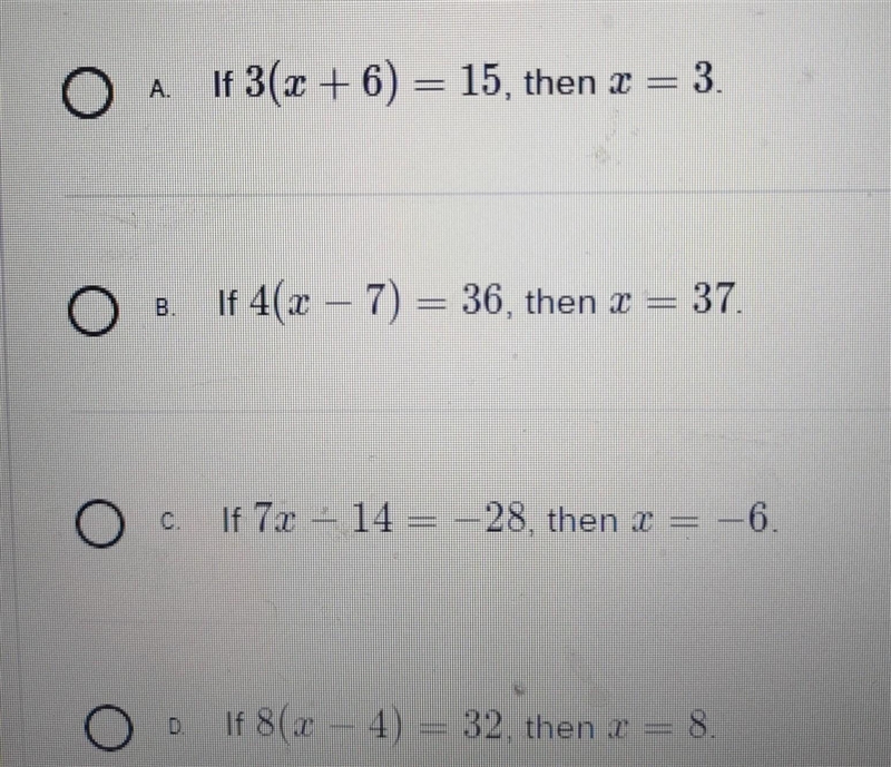 Each answer choice below shows an equation and a value for x. Which of the following-example-1