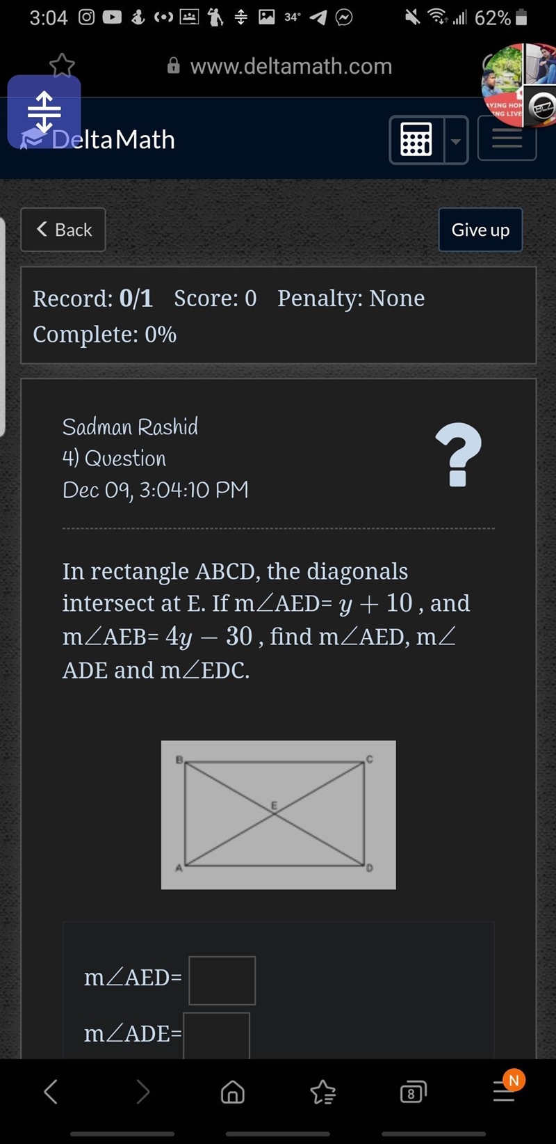 In rectangle ABCD, the diagonals intersect at E. If m angle∠AED= y+10 , and m angle-example-1