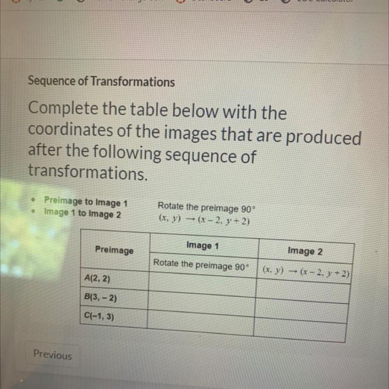 Complete the table below with the coordinates of the images that are produced after-example-1