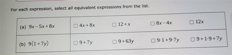 For each expression, select all equivalent from the list. (a) 9x-5x+8x (b) 9(1+7y-example-1