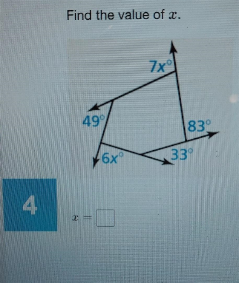 What is the value if X? and how to find exterior angles. ​-example-1