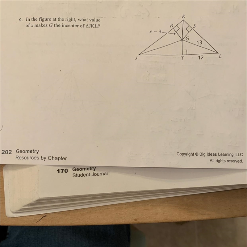 In the figure to the right, what value of x makes G the incenter of triangle JKL. See-example-1