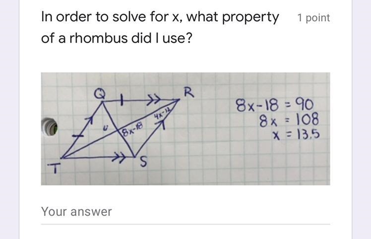 What is the property of a rhombus was used to solve for x?-example-1