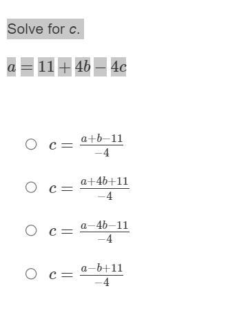 Solve for c. a=11+4b−4c-example-1