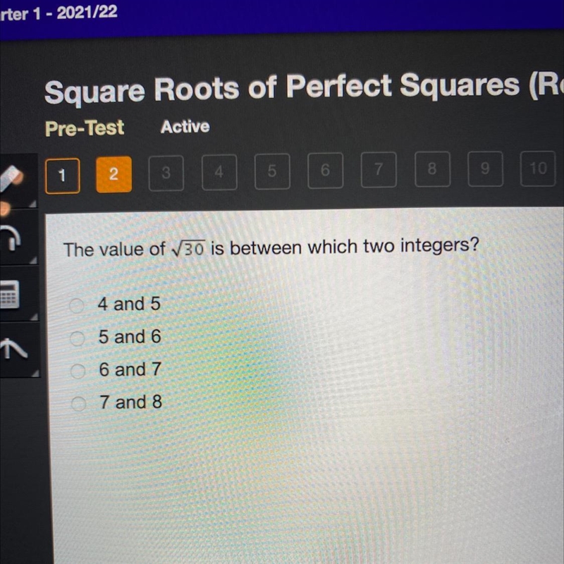 The value of 30 is between which two integers-example-1