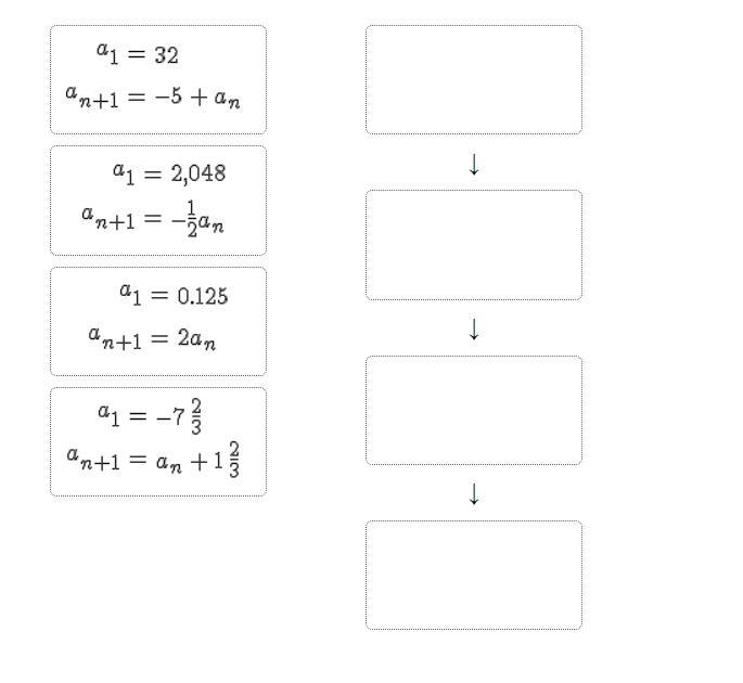 Directions: Drag each tile to the correct box.Put the recursive formulas below in-example-1