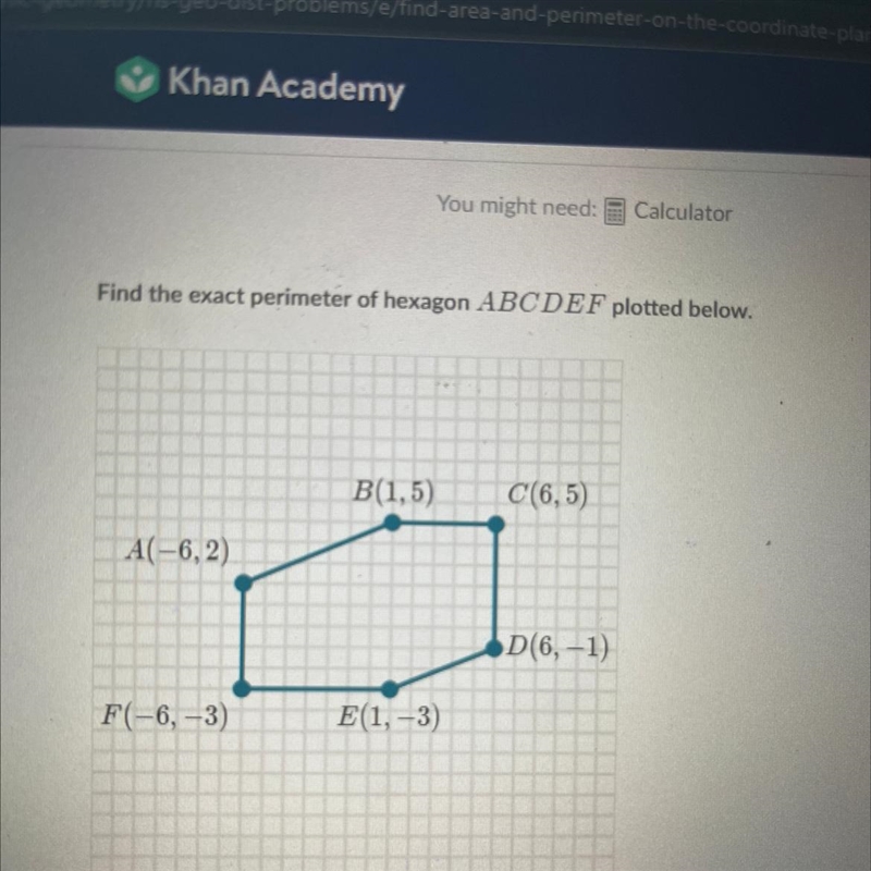 Find the perimeter of hexagon ABCDEF plotted below.-example-1