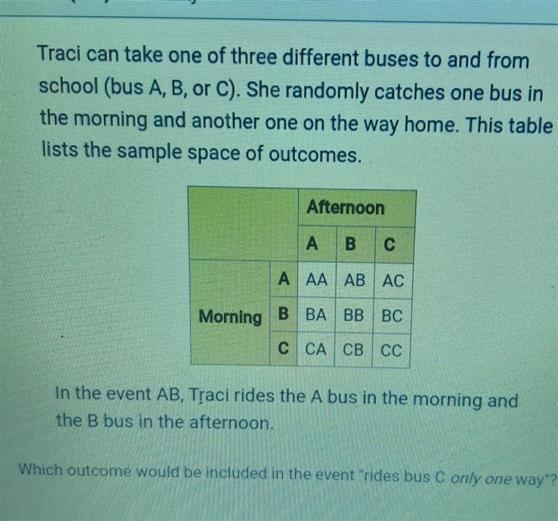 Which outcome would be included in the event "rides bus C only one way? O A. BAO-example-1